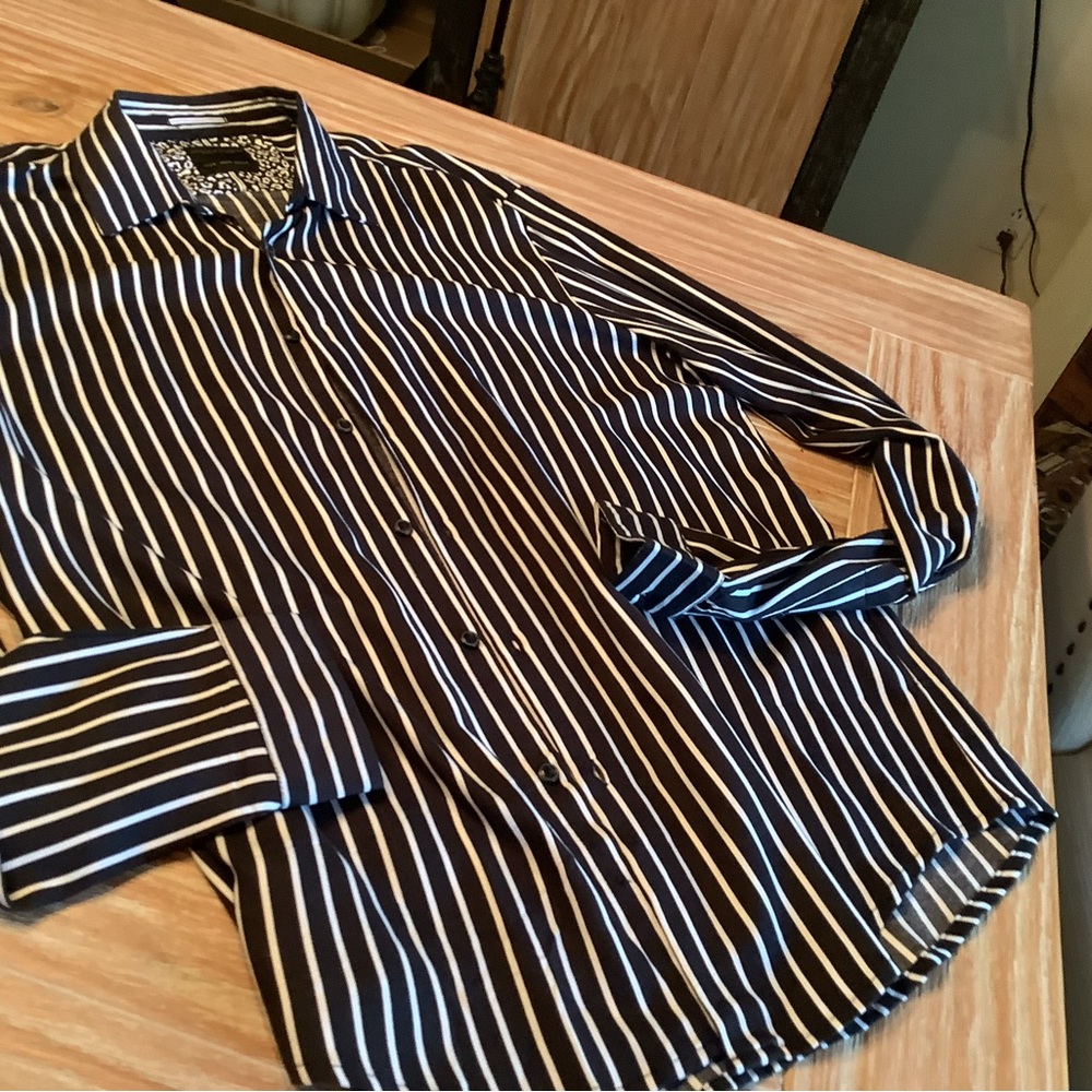 Denim & flowers Black and White Striped Long-Sleeve Dress Shirt